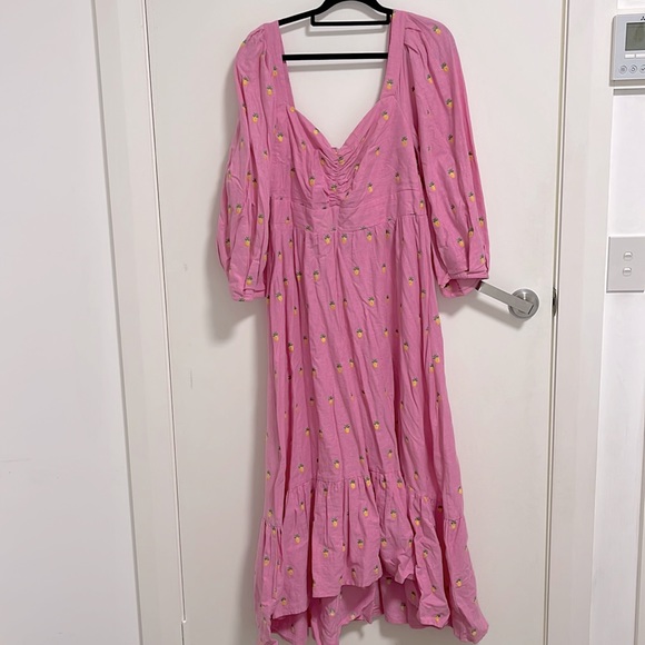 Farm Rio Pink Maxi Dress with Embroidered Pineapples. Puff Sleeves +Ruffle skirt - Picture 8 of 12